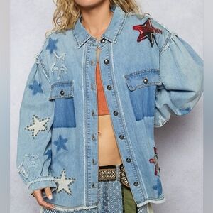 NEW POL Denim Button Down Shirt with Star Embroidery
